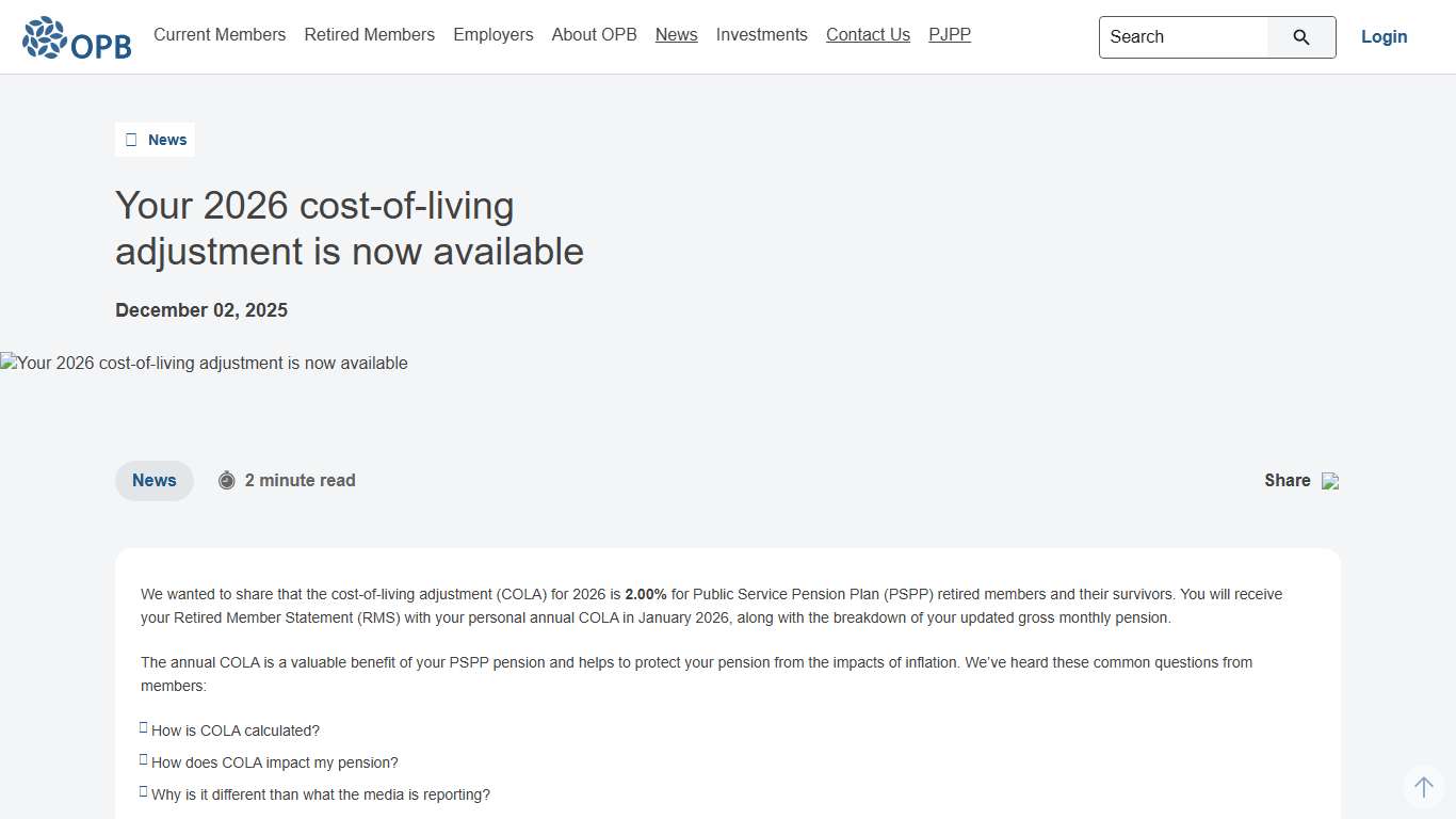 Your 2026 cost-of-living adjustment is now available - Ontario Pension Board