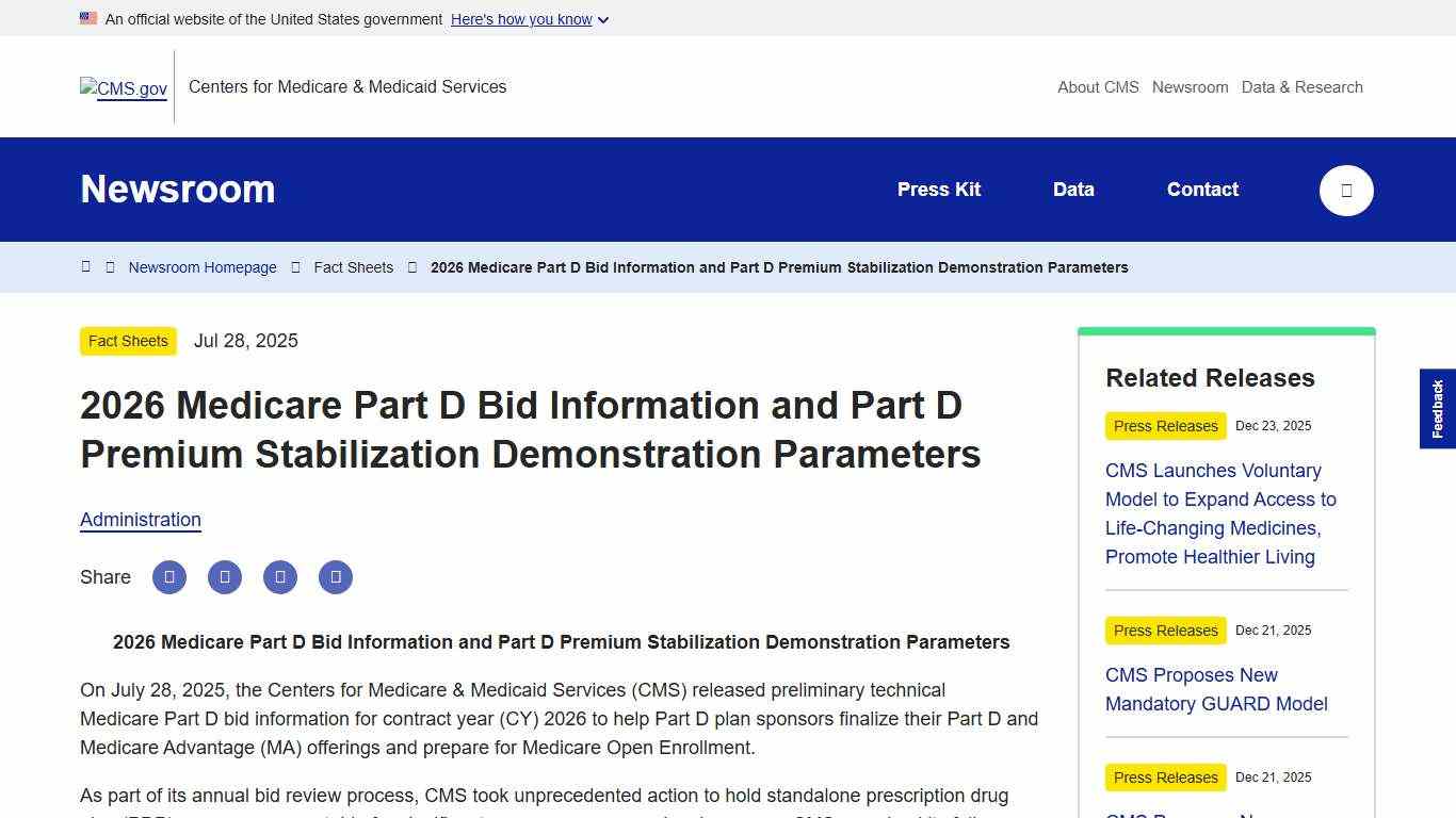 2026 Medicare Part D Bid Information and Part D Premium Stabilization Demonstration Parameters CMS